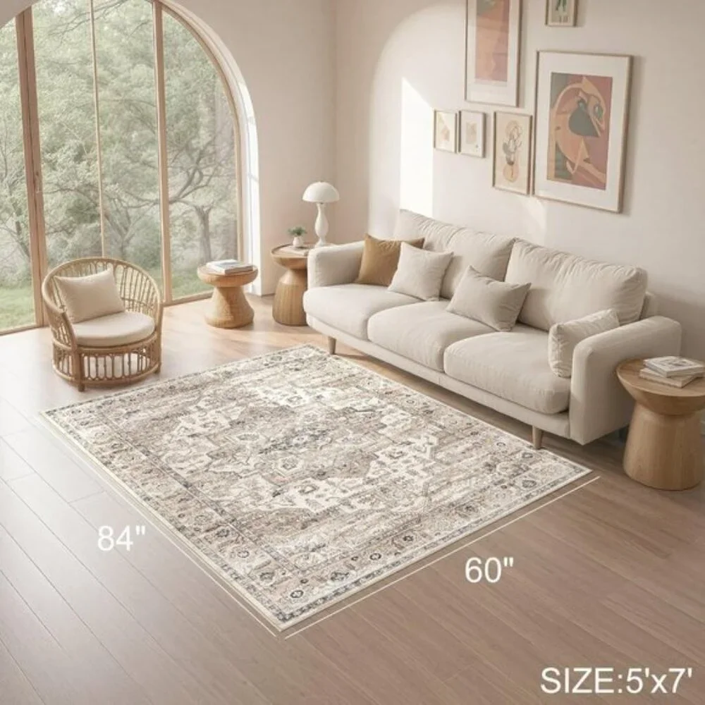 New 5x7 Washable Vintage Rug Non-Slip Low Pile Farmhouse Carpet - Tea Brown